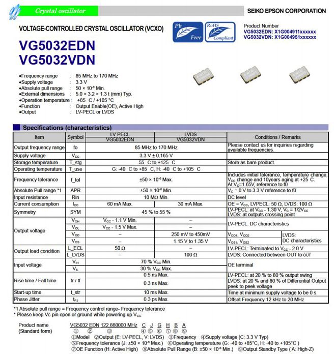 压控晶振VG5032EDN适用于GPS全球定位系统